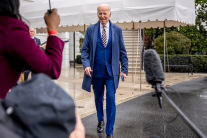 President Joe Biden walks to reporters on the South Lawn of the White House before boarding Marine One in Washington, Tuesday, Jan. 31, 2023.