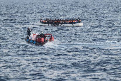 The SOS Méditerranée team approaches a migrant vessel on June 9.