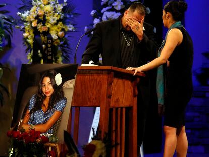 Reynaldo Gonzalez breaks down while remembering his daughter Nohemi Gonzalez, who was killed in the Paris attacks in November, at her funeral at the Calvary Chapel in Downey, California, in 2015.