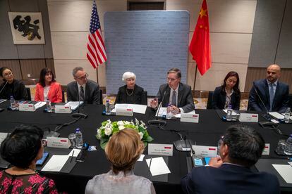 U.S. Ambassador to China Nicholas Burns, third right, speaks as U.S. Treasury Secretary Janet Yellen, center, listens during a roundtable meeting with members of the American business community in Beijing, China, Friday, July 7, 2023. 