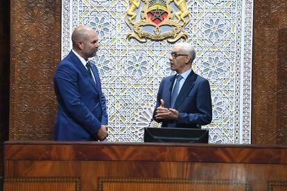 Rachid Talbi Alami, Speaker of the Moroccan Parliament, with his Israeli counterpart, Amir Ohana, on June 8 in Rabat.