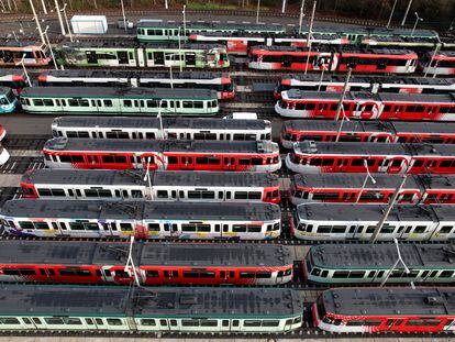 Trams are pictured at a storage facility during a nationwide strike called by the German trade union Verdi over a wage dispute, in Bonn Dransdorf, Germany, on March 27, 2023.