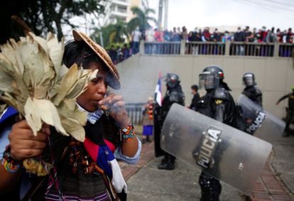 An indigenous Colombian performing a ritual during a protest in Cali on April 28.