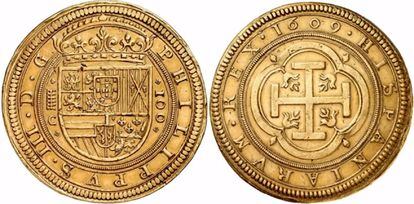 A gold coin made in Segovia in 1609, which sold for €944,000.