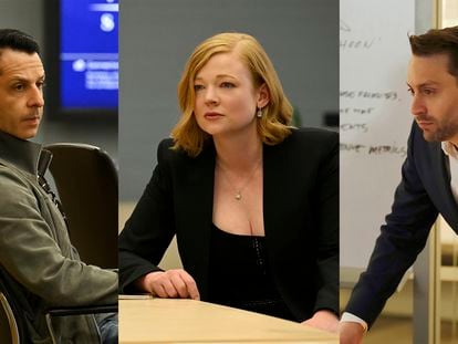 This combination of three separate photos shows Jeremy Strong as Kendall Roy, left, Sarah Snook as Shiv Roy, center, and Kieran Culkin as Roman Roy, from the HBO series 'Succession.'