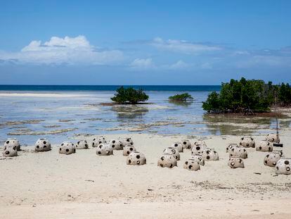 Concrete spheres to be submerged by the fishing community of Subutuni, Tanzania, to nurture corals and protect marine life.