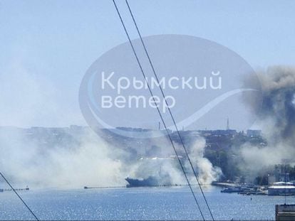 This image taken from UGC video shows smoke rising from the headquarters of Russia’s Black Sea Fleet in Sevastopol, Crimea, pn Sept. 22, 2023.