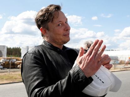 Elon Musk visits the construction site of the Tesla plant in Gruenheide, Germany in May 2021.