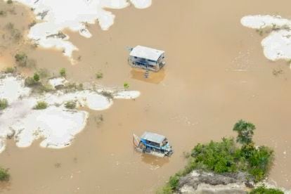 Two illegal dredgers (installations whose purpose is the extraction of minerals found under water. In this case, gold), on the Puré River, in the Amazon.