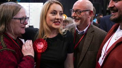 Labour Party candidate Gen Kitchen celebrates after being declared winner in the Wellingborough by-election at the Kettering Leisure Village, Northamptonshire, Friday Feb. 16, 2024.