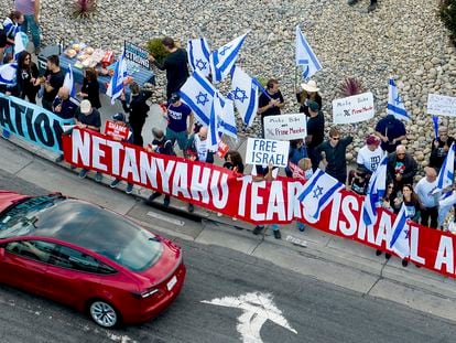 Protesters rally outside Tesla's Fremont, Calif., factory as Israeli Prime Minister Benjamin Netanyahu plans a visit with businessman Elon Musk on Monday, Sept. 18, 2023.
