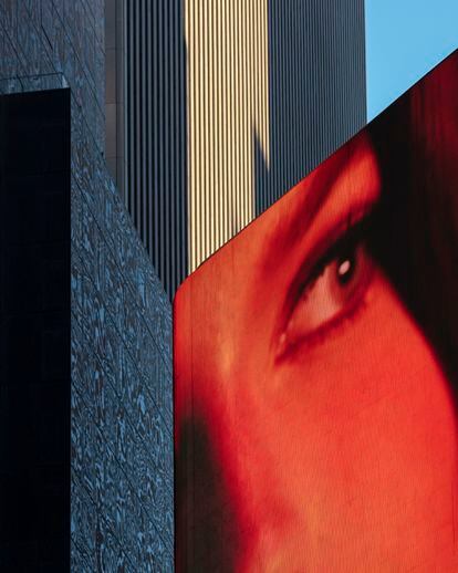 A red eye watching from a billboard in Times Square, New York, in 2021. 