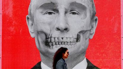 A woman walks past a satirical portrait of Vladimir Putin during an exhibition against the Russian invasion of Ukraine in Bucharest, Romania.