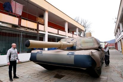 An inflatable decoy of an Abrams tank is presented to media in Decin, Czech Republic, on Monday, March 6, 2023.