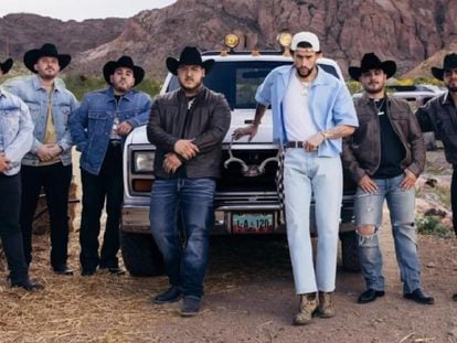 Bad Bunny and Grupo Frontera, in a promotional image for the song 'Un x100to.'