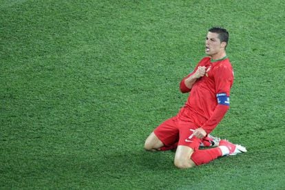 Cristiano Ronaldo celebrates after scoring his second goal against Holland.
