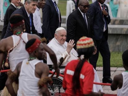 Pope Francis upon his arrival in Kinshasa, the capital of the Democratic Republic of the Congo, this Tuesday.