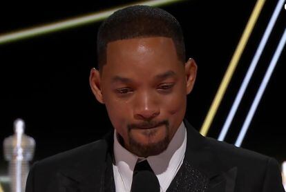 A tearful Will Smith accepts his Best Actor award at the 2022 Oscars. During his speech he made several apologies, but not to Chris Rock.