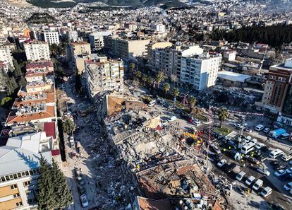 Aerial photo shows the destruction in Kahramanmaras, southern Turkey, Wednesday, Feb. 8, 2023. 