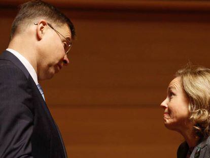 Spain's Economy Minister Nadia Calviño with EU Commission vice-president Valdis Dombrovskis.