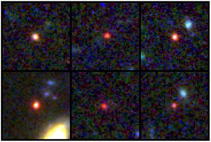 This image provided by NASA and the European Space Agency shows images of six candidate massive galaxies, seen 500-800 million years after the Big Bang.
