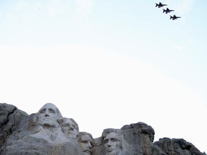 An aerial flypast takes place over Mt. Rushmore during South Dakota's U.S. Independence Day Mount Rushmore fireworks celebrations in Keystone, South Dakota, U.S., July 3, 2020.