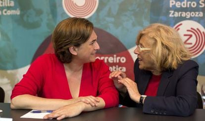 Barcelona and Madrid mayors Ada Colau and Manuela Carmena, in a file photo from May.