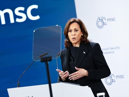 US Vice President Kamala Harris delivers a speech during the 'Bayerischer Hof' hotel, the venue of the 60th Munich Security Conference, in Munich, Germany, 16 February 2024.