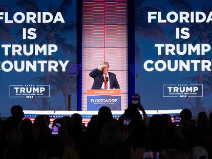 Former US President Donald Trump speaks during the Florida Freedom Summit at the Gaylord Palms Resort in Kissimmee, Florida, USA, 04 November 2023.