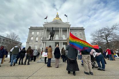 transgender youth rally outside the New Hampshire Statehouse, in Concord, New Hampshire, on March 7, 2023.