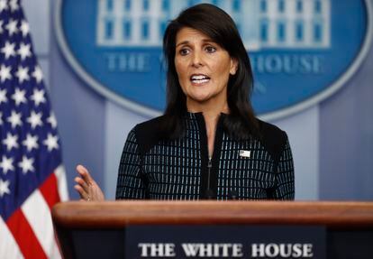 US Ambassador to the United Nations Nikki Haley speaks during a news briefing at the White House, in Washington, Sept. 15, 2017.