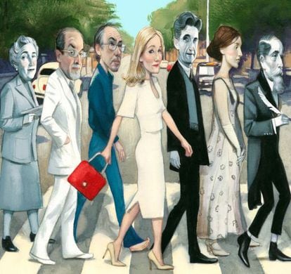 Left to right: Agatha Christie, Salman Rushdie, Ian McEwan, J.K. Rowling, George Orwell, Virginia Woolf and Charles Dickens. 