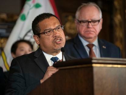 Minnesota Attorney General Keith Ellison speaks at a press conference at the State Capitol on Dec. 4, 2019, in St. Paul