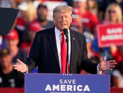 Former president Donald Trump speaks at a rally at the Lorain County Fairgrounds in Wellington, Ohio, on June 26, 2021.