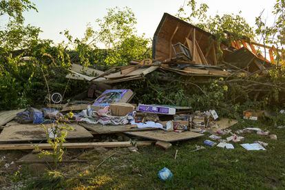 Debris is left behind after a reported tornado touched down in several areas of Greenwood, Indiana, on June 25, 2023.