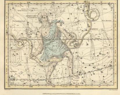 Constellation of 'Ophiuchus', from the 'Celestial Atlas', by Alexander Jamieson (1822).