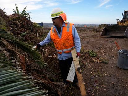 Republic Services operator George Maya removes painted woods from a mountain of yard, garden and landscape waste at the Otay Landfill in Chula Vista, Calif., on Friday, Jan. 26, 2024.