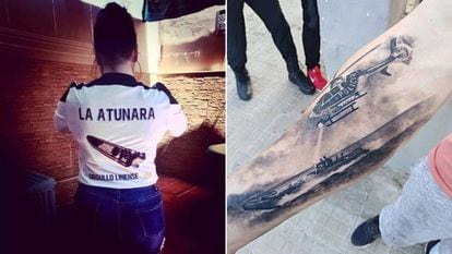 Viral photo of a girl wearing a shirt with a narco boat (l) and a police chase tattoo.