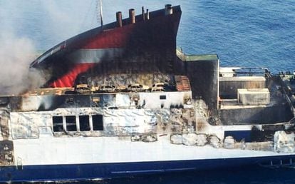 The burnt-out ferry, in a picture taken on Thursday by the Civil Guard.