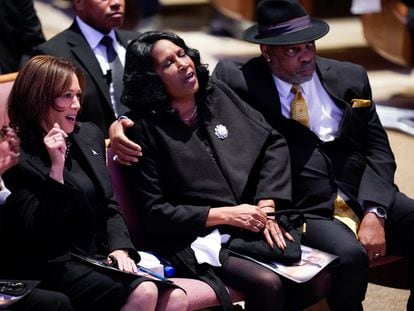 Vice President Kamala Harris sits with RowVaughn Wells and Rodney Wells during the funeral service for Wells' son Tyre Nichols at Mississippi Boulevard Christian Church in Memphis, Tenn., on Wednesday, Feb. 1, 2023.
