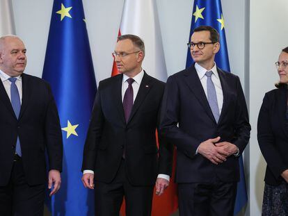 (L-R) Polish Minister of State Assets Jacek Sasin, President Andrzej Duda, Prime Minister Mateusz Morawiecki, and Minister of Finance Magdalena Rzeczkowska attend a ceremony for the appointment of the Prime Minister at the Presidential Palace in Warsaw, Poland, 13 November 2023.