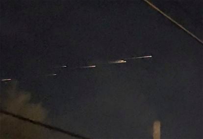 This image from video provided by Jaime Hernandez shows streaks of light travelling across the sky over the Sacramento, Calif., area on Friday night, March 17, 2023.