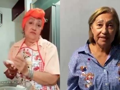Venezuelan Olga Mata in a scene from her TikTok video (l) and offering a public apology (r).