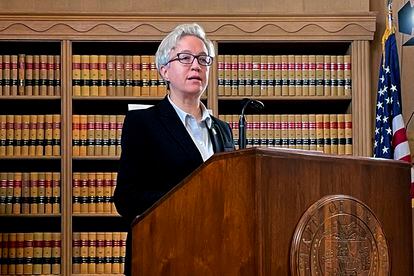 Oregon Gov. Tina Kotek speaks at the State Library of Oregon in Salem on Jan. 31, 2023.