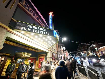 Pedestrians walk down Main Street in front of the Egyptian Theatre during the 2023 Sundance Film Festival on Saturday, Jan. 21, 2023, in Park City, Utah.
