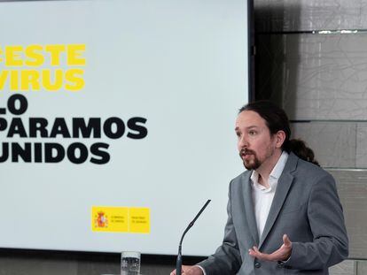 Deputy PM Pablo Iglesias at the news conference on Tuesday.