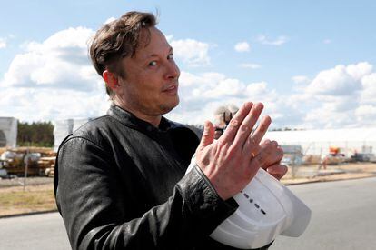 Elon Musk visits the construction site of the Tesla plant in Gruenheide, Germany in May 2021.