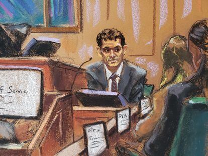 FTX founder Sam Bankman-Fried as he testifies in his fraud trial, at federal court in New York City, U.S., October 27, 2023 in this courtroom sketch.