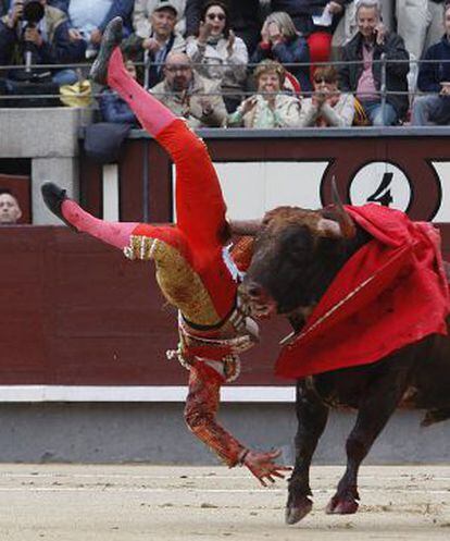 Jiménez Fortes is flipped over by the bull.