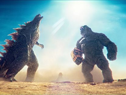 Godzilla (left) and King Kong in a scene from the movie 'Godzilla x Kong: The New Empire.'